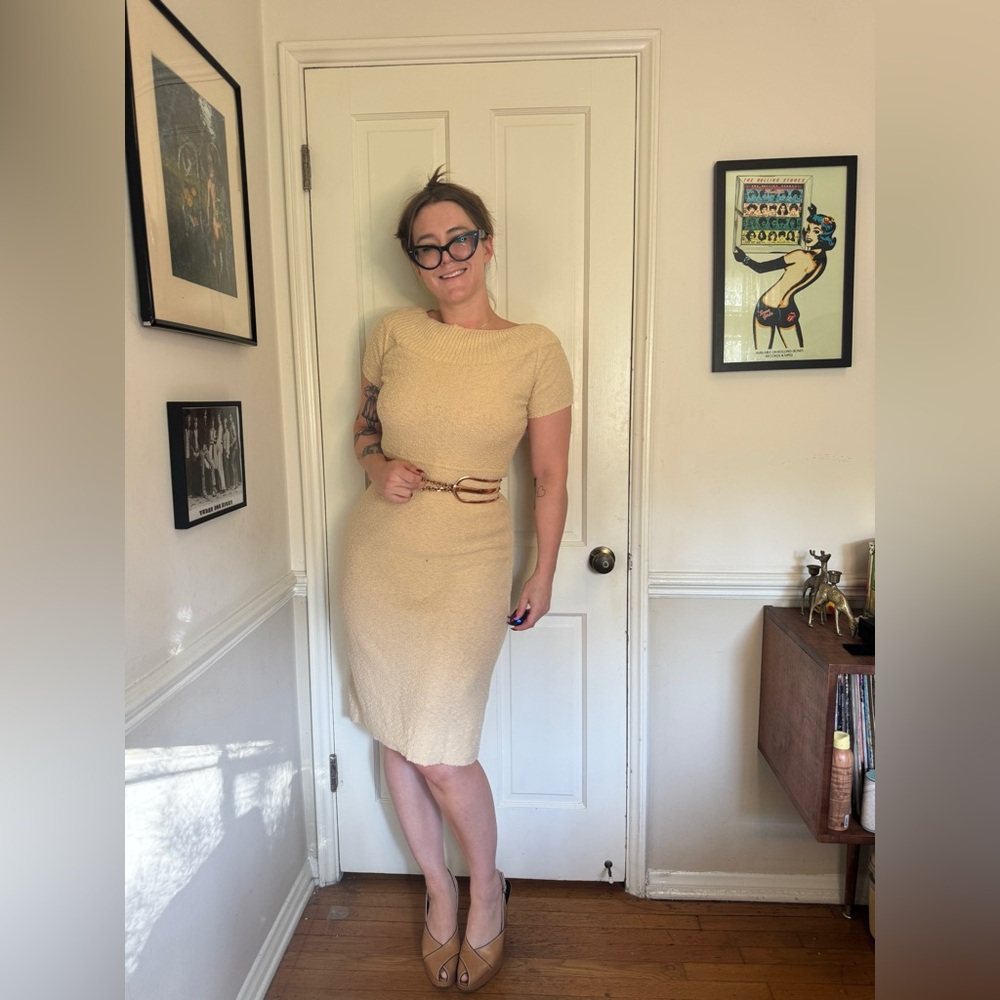 50s Vintage Cream Boucle Knit Wool Wiggle Dress